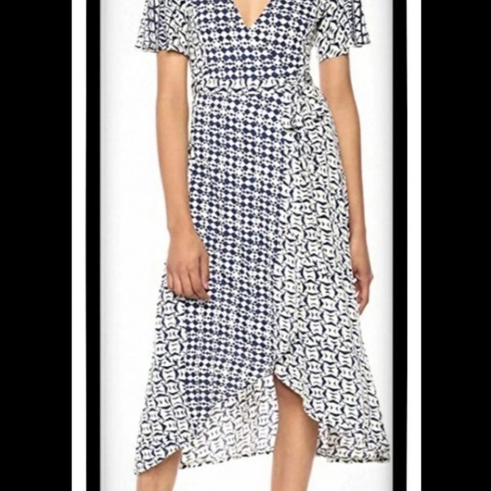 Lucky Brand Boho Blue & Cream Geometric Print Wrap Maxi Dress Size Small - Picture 10 of 11